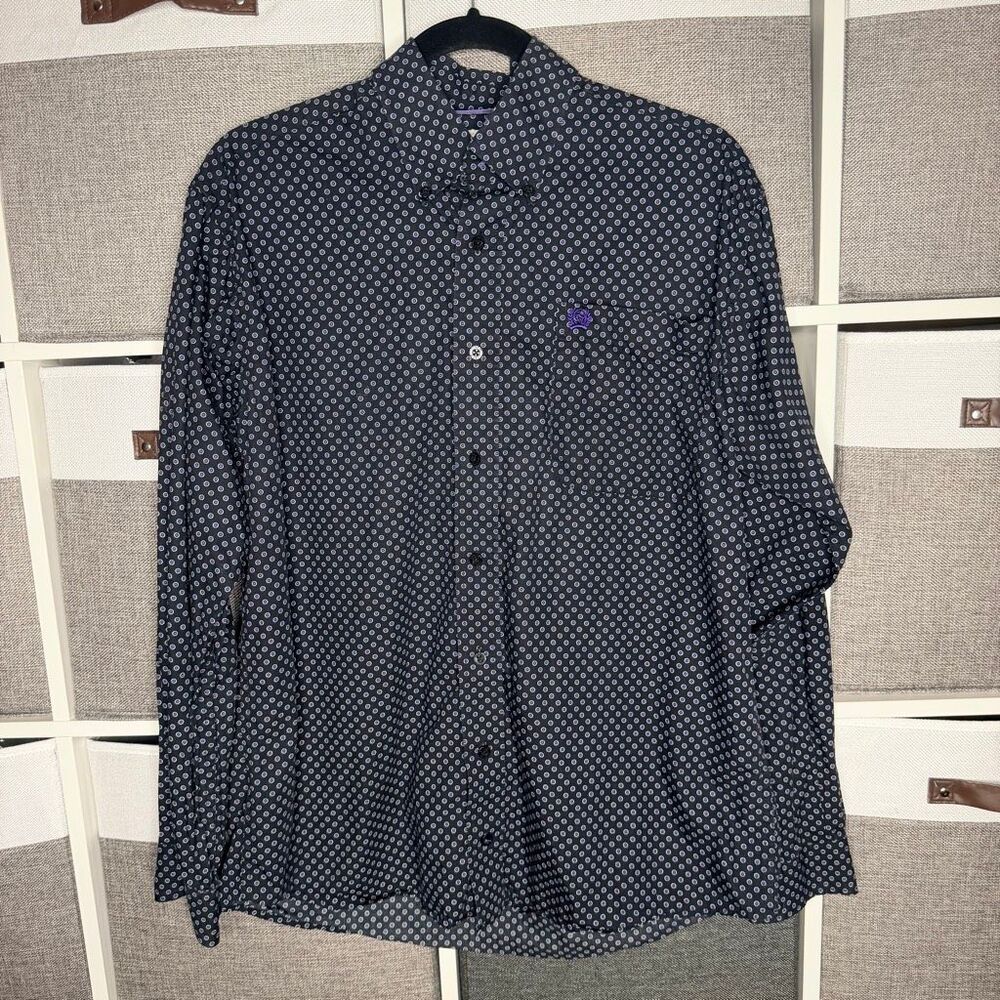 Cinch Shirt Mens Long Sleeve Black Purple Dot Medallion Button Down Shirt Size X